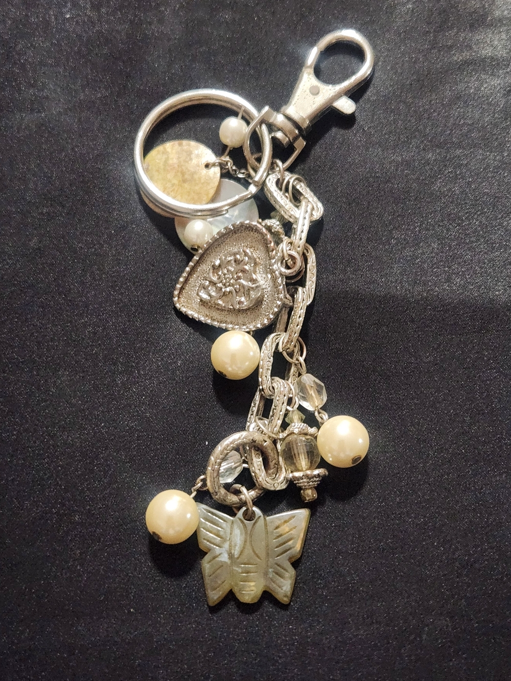 Vintage Style Silver Heart & Shell Butterfly Charm Keychain Bag Clip